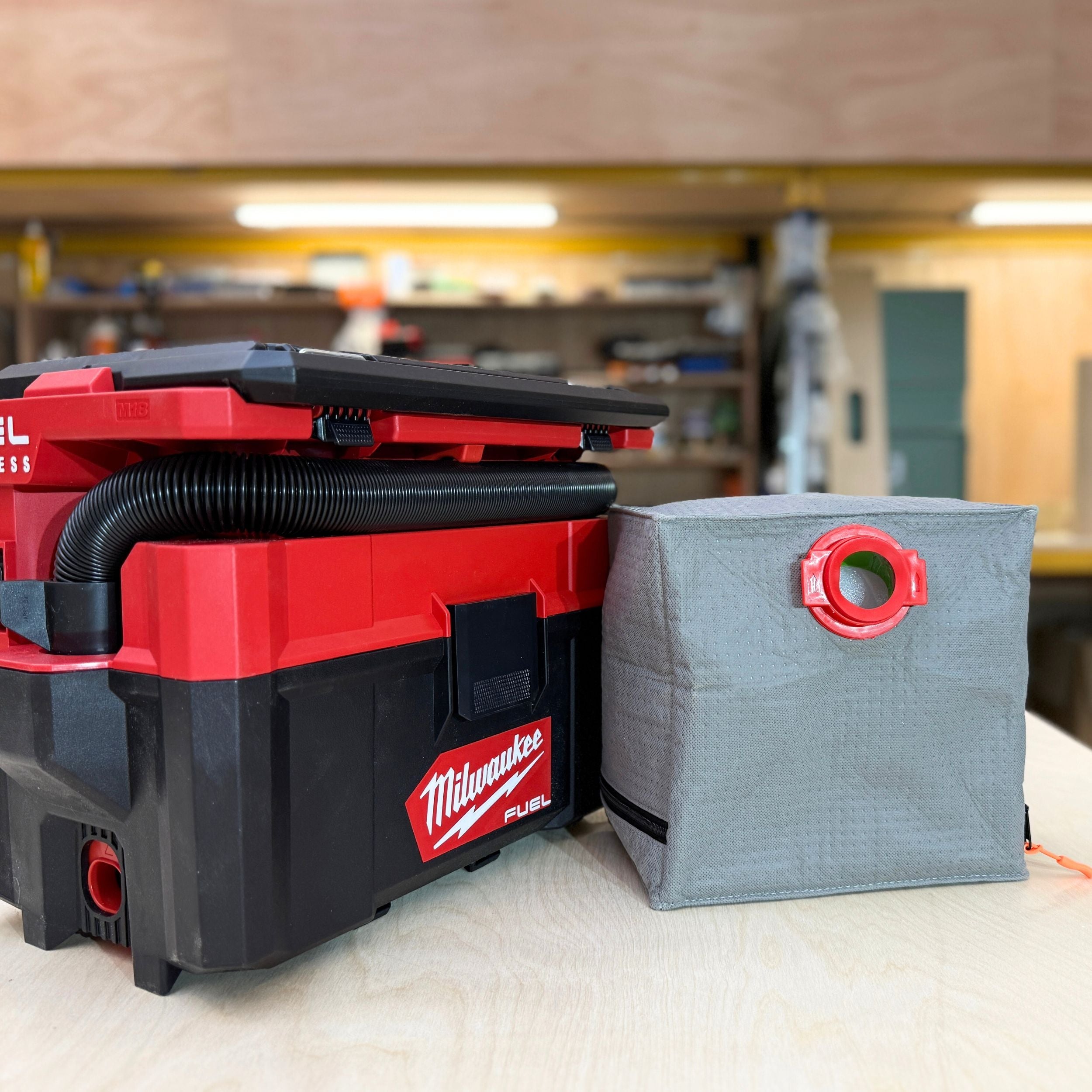Close-up of the reusable dust bag fabric and collar for Milwaukee M18 Fuel Packout