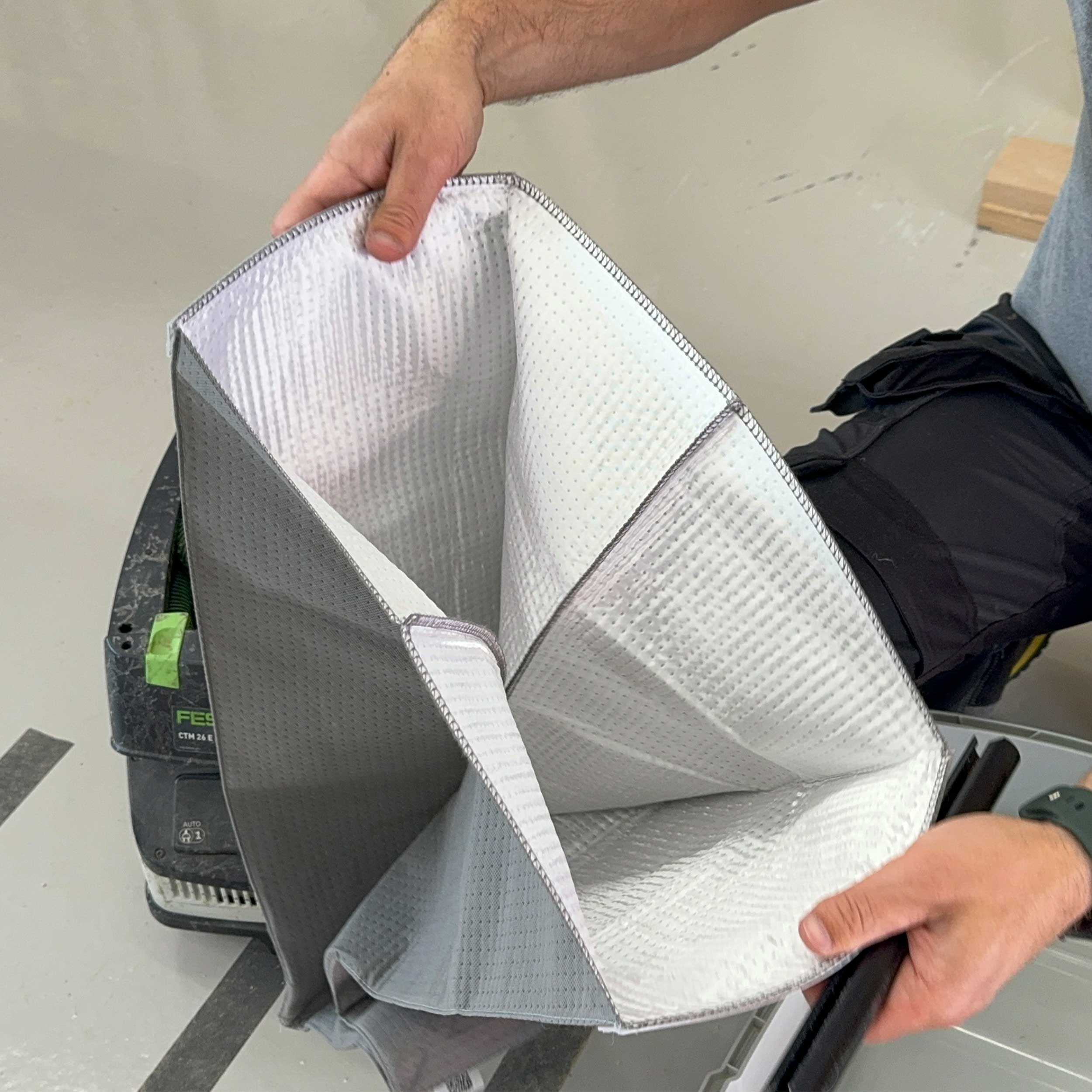 Reusable dust bag for Festool CLEANTEC 26 shown with dust extractor accessories