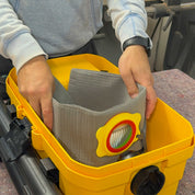 Reusable dust bag for DeWalt DXV04T/DXV15T laid flat showing full bag shape