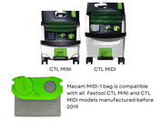 Compatibility chart for reusable dust bag fitting Festool CTL MINI and CTL MIDI